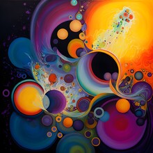 An abstract painting featuring bright swirls of color to depict chemical reactions taking place within the body when taking GABA agonist nootropics along with smaller circles and lines that 