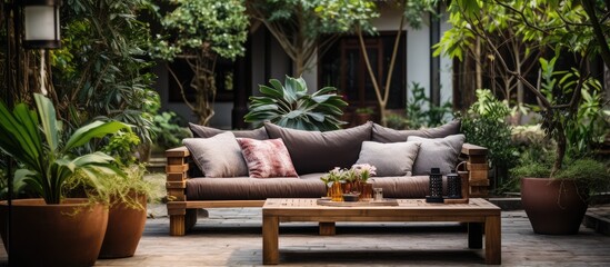 Poster - Beautiful house with a wooden sofa metal table in garden patio close up