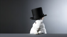 Cute White Rabbit Interacts With Magic Show Top Hat On Grey Background