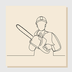 Wall Mural - Continuous single one line drawing of lumberjack man wood cutter work and holding chainsaw to cut wood tree. Vector illustration	