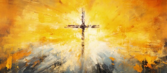 Wall Mural - Handmade Christian artwork illustrating Christology on a yellow painting canvas background with a cross symbol Abstract Catholic design with a light texture representing the Bible theme