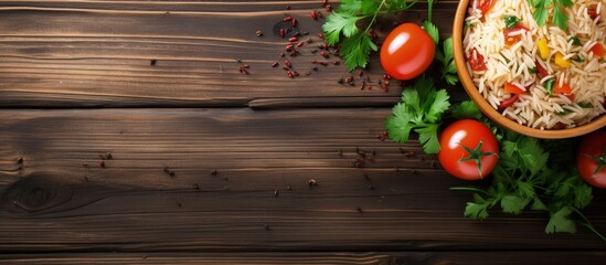 Wall Mural - Top view of a healthy vegetarian and vegan rice bowl with vegetables on a white wooden table