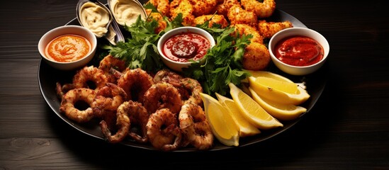 Wall Mural - Seafood platter from Mediterranean restaurant including fried calamari rings shrimps mussels oysters and shellfish delicacy served on a wood table for catering or banquets