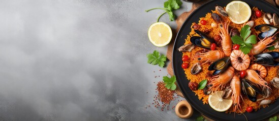 Top view of traditional Spanish seafood paella with rice peas shrimp mussels and squid on a grey concrete surface Copyspace available