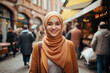 A young Muslim woman traveler in a street city