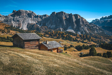 Wall Mural - Log houses on the slope in the Dolomites, Italy