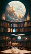 inside of a hyper realistic vast library interior filled with books monks in fancy robes and floating magical bookshelves cosmos in the sky and moons with planets ravenclaw common room no blur 