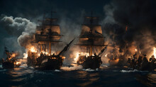 Moon Light On The Stormy Seas: Ancient War Ship Sinking In A Fiery Disaster