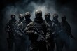 Group of soldiers with assault rifles in the smoke on a dark background, Stealth, armed forces, masked military soldiers with full gear war set up, combat warriors