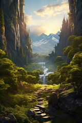 Wall Mural - A shadowy birch and Ceder tree forest path with tall birch and cedar trees on either side of the dirt path opens onto a sun-drenched, mountainside across from the viewer