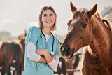 Fototapeta  - Happy horse doctor, portrait and woman at farm with arms crossed, care or smile for love, animal or nature. Vet, nurse and equine healthcare expert in sunshine, countryside and helping for wellness