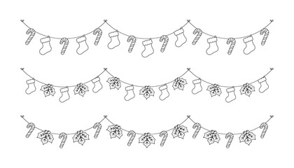 Wall Mural - Set of Christmas and winter holiday decoration garland outline doodle. Christmas decoration elements collection. Santa hat, stockings, mistletoe, ornaments, candy cane. Vector Illustration.