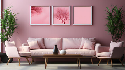 Wall Mural - Pink sofa and chair near wall with two art poster mock up frames. Postmodern memphis style interior design of modern living room