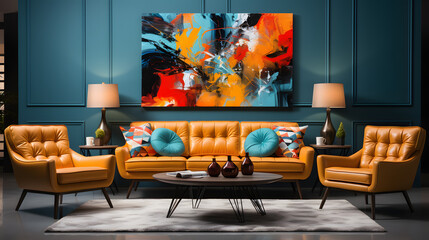 Wall Mural -  Pop art interior design of modern living room with colorful upholstered mid-century furniture