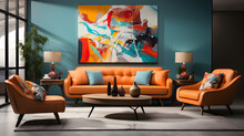  Pop art interior design of modern living room with colorful upholstered mid-century furniture