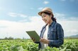 © CYBERUSS - Portrait of Female Farmer Using Tablet in the Farm, Observes and Check Growth Plants, Agriculture Smart Farming Concept