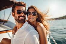 Couple In Love Has Fun On A Yacht At Sea. Luxurious Holiday On A Sea Boat.