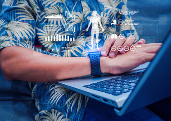 Wall Mural - Mid adult man using smart watch during training. Heart monitor beats with wristwatch. smart watch or future data on healthcare. technology in use of smart watch for health condition.