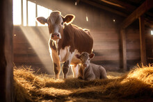 A Cow With A Small Calf Is Standing In A Cowshed, A Farmer's Cow