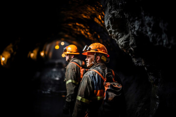 Wall Mural - group mining workers walks through tunnel coal mine
