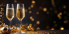 New Year's Eve Celebration Banner With Champagne Glasses And Golden Confetti On Black Background