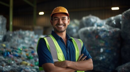 Wall Mural - Mechanical engineer inspects waste recycling system in factory.