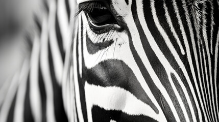 Monochrome, shallow depth of field image of a zebra with head and eye in focus and stripes in soft-focus, wildlife black and white stripes background texture closeup