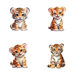 set of cute tiger watercolor illustrations for printing on baby clothes, sticker, postcards, baby showers, apps, games and books, Safari jungle animals vector