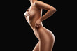 © Dimid - Slim sexy woman in lingerie on a dark background. Sexy slim woman with a naked torso on a dark background.