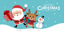 Merry Christmas And Happy New Year Greeting Card With Cute Santa Claus, Deer, Snowman And Gift Box. Holiday Cartoon Character In Winter Season. -Vector