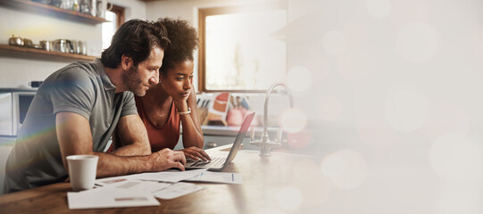 Laptop, space and an interracial couple in their home for investment planning, finance budget or accounting. Computer, mock up or banner with a man and woman reading bank information for savings