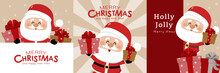 Merry Christmas And Happy New Year Greeting Card With Cute Santa Claus Collection. Holiday Cartoon Characters Set. -Vector