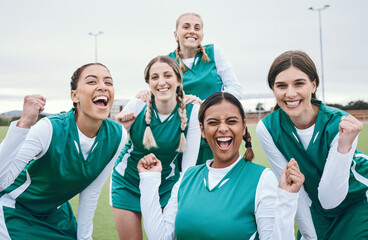 Sticker - Sports, field and portrait of happy woman with team, celebration and award winning at challenge. Diversity, hockey and excited group of women, winner at competition with smile and success at stadium.