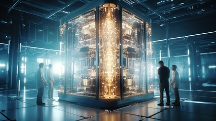 Data scientists work in a modern office of a technology company on the development of a quantum computer. Science, technology, big data and blockchain concept.