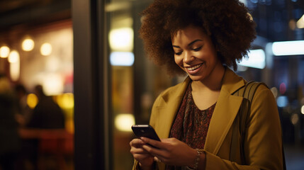 African American Woman Using Social Media on Smart Phone at outdoor