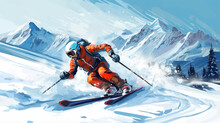 Vector Illustration, Hand Drawn , Advanced Skier Slides Near Mountain Downhill. Sports Descent On Skis In Mountains Hills. Winter Activity. Skiing In Winter Alps. Experienced Skier.
