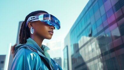 african american woman in vr headset on city