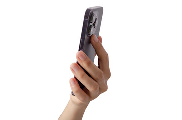 Woman's hand holding a phone showing the back.