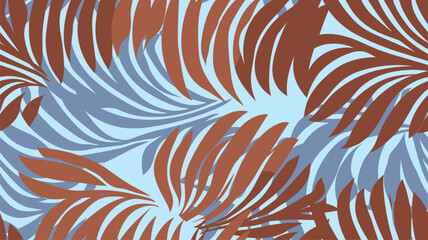 Wall Mural - Brown blue abstract background with tropical palm leaves in Matisse style. Vector seamless pattern with Scandinavian cut out elements.