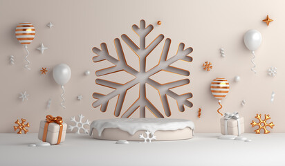 Wall Mural - Winter display podium decoration background with balloon, snowflakes, gift box, copy space text, 3D rendering illustration