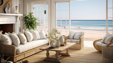 A Beachfront Cottage Living Room With Wicker Furniture, Seashell Decor, And Ocean View