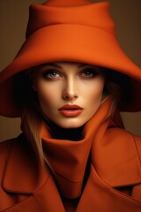 A beautiful young woman in a fashionable red coat and headdress stands gracefully indoors, embracing the autumn season with her stylish attire