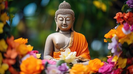 Wall Mural - Buddha Statue with Colorful Flowers

