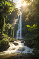 Wall Mural - Waterfall in tropical rainforest in warm light AI Image Generation.