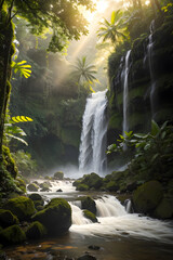 Wall Mural - Waterfall in tropical rainforest in warm light AI Image Generation.