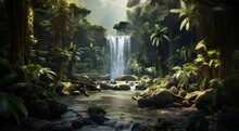 Waterfall In Forest, Waterfall In The Jungle, Tropical Landscape In The Jungle, Plants And Green Trees In The Jungle, Waterfall With Lake In The Forest