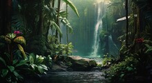 Waterfall In Forest, Waterfall In The Jungle, Tropical Landscape In The Jungle, Plants And Green Trees In The Jungle, Waterfall With Lake In The Forest