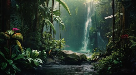 waterfall in forest, waterfall in the jungle, tropical landscape in the jungle, plants and green trees in the jungle, waterfall with lake in the forest