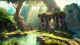 Fototapeta  - Forest Mayan style ancient culture. Mayan civilization forest cave. Concept art illustration painting of a beautiful ancient temple in the jungle.