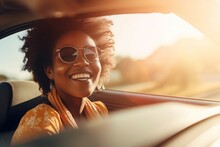 African Female Driving To Sunset. Social Road. Generate Ai